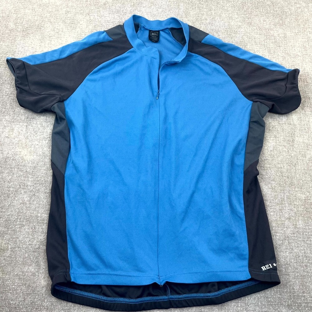REI Cycling Jersey Mens XL Blue Logo Racing Athleisure Moisture Wicking Full Zip